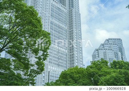 公園から眺める東京都新宿区の東京都庁（第一本庁舎・第二本庁舎・議会）を外観から見る風景 100966928