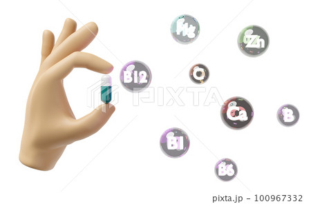 3d hand holding capsule pill with multivitamins, protect your health, The vitamins your body needs isolated. 3d render illustration 3d hand holding capsule pill with multivitamins, protect your health, The vitamins your body needs isolated. 3d render illustration 100967332