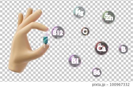 3d hand holding capsule pill with multivitamins, protect your health, The vitamins your body needs isolated. 3d render illustration 3d hand holding capsule pill with multivitamins, protect your health, The vitamins your body needs isolated. 3d render illustration 100967332