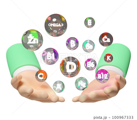 3d hand holding multivitamins, protect your health, The vitamins your body needs isolated. 3d render illustration 100967333