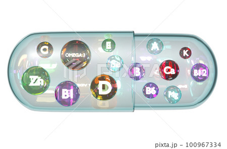 3d capsule pill with multivitamins, protect your health, The vitamins your body needs isolated. 3d render illustration 3d capsule pill with multivitamins, protect your health, The vitamins your body needs isolated. 3d render illustration 100967334