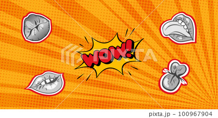 Comic background in the style of pop art with halftone dots and yellow rays. Vintage backdrop with collage elements with mouth and tongue. Inscription wow. Vector. 100967904