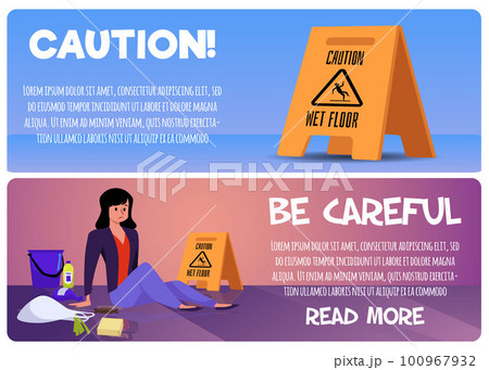 Wet floor caution sign board, web banners set - flat vector illustration. Woman slipping on wet floor. Wet floor caution sign board, web banners set - flat vector illustration. Woman slipping on wet floor. 100967932