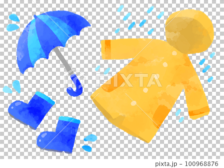 Umbrella, boots and raincoat illustration hand drawn watercolor style 100968876