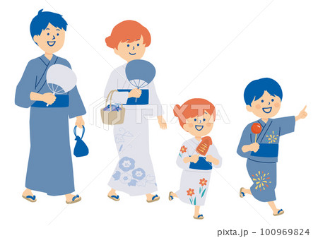 浴衣を着て歩くファミリーのイラスト 100969824