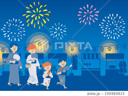 花火大会に来たファミリーのイラスト 100969825