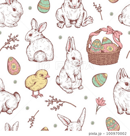 Seamless pattern with Easter rabbits and coloured eggs sketch style Seamless pattern with Easter rabbits and coloured eggs sketch style 100970002