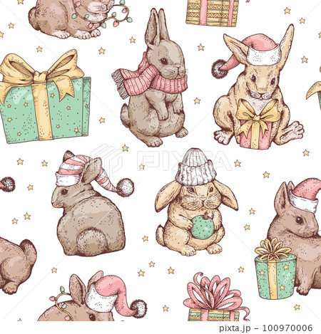 Hand drawn Christmas seamless pattern with cute rabbits and gift boxes, sketch vector illustration. 100970006