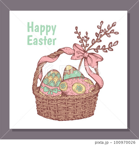 Easter greeting card with eggs in basket hand drawn vector illustration. 100970026