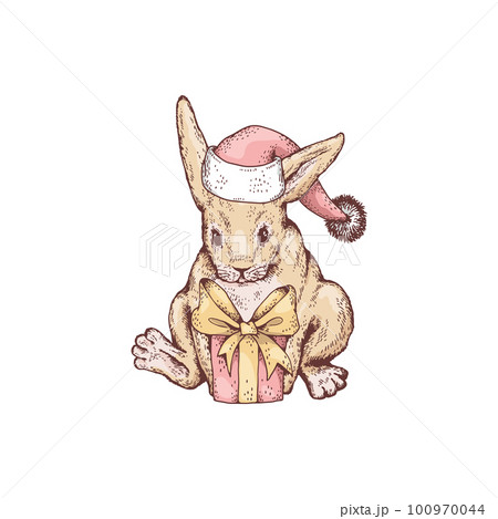 Cute rabbit in Santa Claus hat holding Christmas present, sketch vector illustration isolated on white background. Cute rabbit in Santa Claus hat holding Christmas present, sketch vector illustration isolated on white background. 100970044