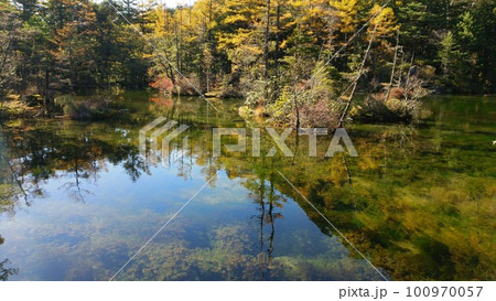 紅葉が水面に映える秋の上高地明神池（明神二之池） 100970057