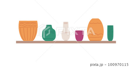 Shelf with vases for home decor sales and second hand market, flat vector isolated. Shelf with vases for home decor sales and second hand market, flat vector isolated. 100970115