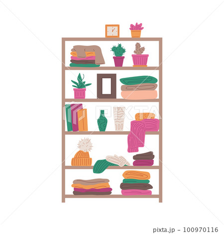 Second hand shop shelf with used clothes, books and home decor - flat vector illustration isolated on white background. Second hand shop shelf with used clothes, books and home decor - flat vector illustration isolated on white background. 100970116