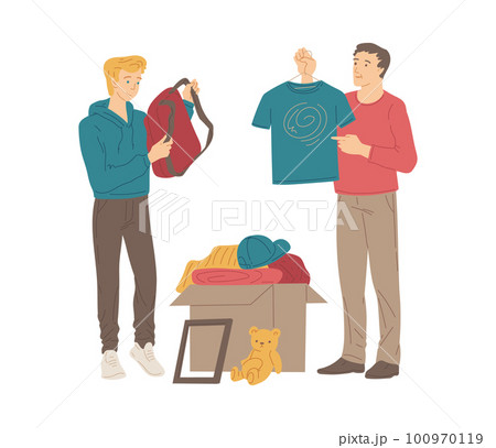 Men shopping in second hand shop, flat vector illustration isolated on white background. Men shopping in second hand shop, flat vector illustration isolated on white background. 100970119