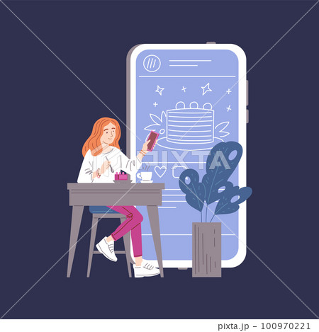 Woman eating cake and rating it in social media, flat vector illustration isolated on dark background. 100970221