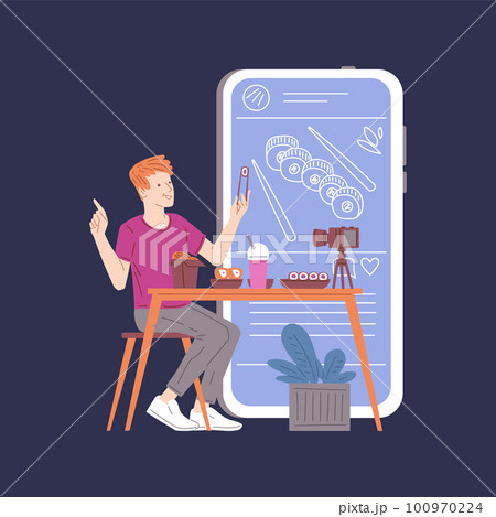 Food blogger eating sushi and taking video, flat vector illustration isolated on dark background. 100970224