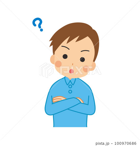 疑問を感じる可愛い若い男性のイラスト　上半身　白背景　人物　ベクター 100970686