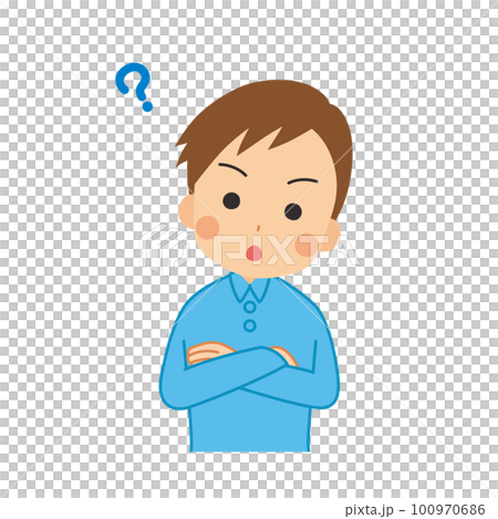 疑問を感じる可愛い若い男性のイラスト　上半身　白背景　人物　ベクター 100970686