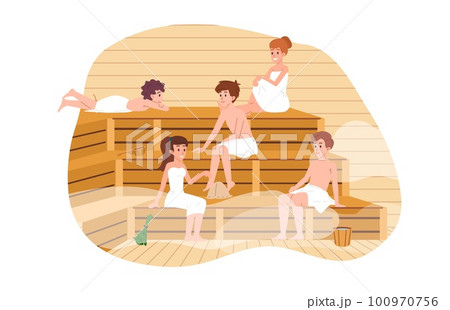 Men and women relaxing in steam sauna, flat vector illustration isolated on white background. 100970756
