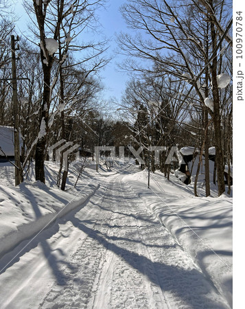 【長野県信濃町大学村】雪で車が通れなくなった別荘地の林道 【長野県信濃町大学村】雪で車が通れなくなった別荘地の林道 100970784