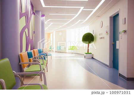 Long corridor in hospital with doors and reflections. Children's hospital concept Long corridor in hospital with doors and reflections. Children's hospital concept 100971031