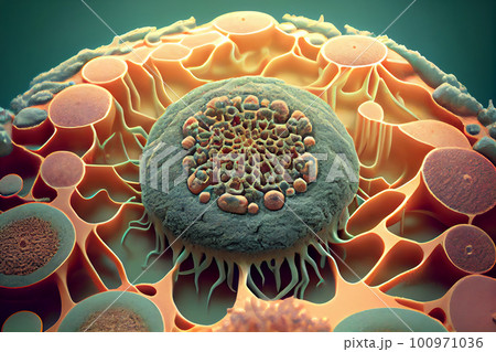 Macro shot of cell or molecule. Scientific image. Biology or chemistry abstract background 100971036