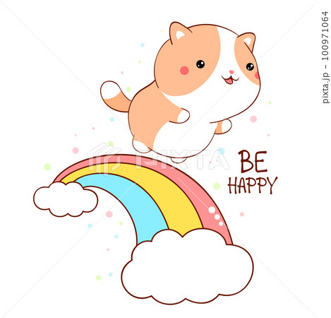 Affirmation for kids playroom, nursery. Sticker with inspirational positive quote Be happy. Cute little cat walks on the rainbow Affirmation for kids playroom, nursery. Sticker with inspirational positive quote Be happy. Cute little cat walks on the rainbow 100971064