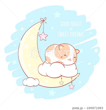 Cute fat cat sleeping on cloud. Inscription Good night and sweet dreams. Can be used for for childish t-shirt prints, nursery poster, baby shower greeting card Cute fat cat sleeping on cloud. Inscription Good night and sweet dreams. Can be used for for childish t-shirt prints, nursery poster, baby shower greeting card 100971065