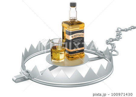 Whiskey bottle and full glass of whiskey inside bear trap. 3D rendering 100971430