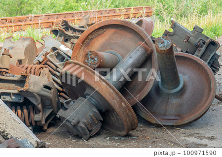 Processing industry, a pile of old scrap metal, ready for recycling. Scrap metal recycling. 100971590