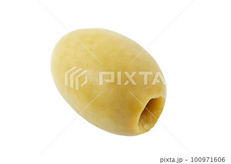 Pitted canned olives isolated on white background. File contains clipping path. 100971606