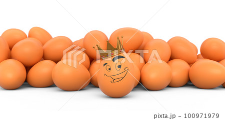 Group of farm brown chicken eggs and unique egg with funny face and gold crown 100971979