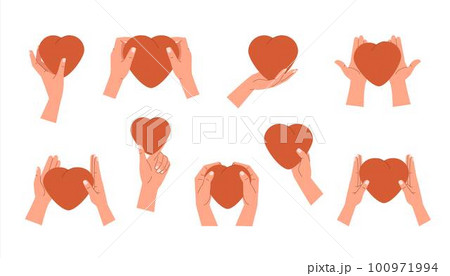 Womens hands hold red hearts Set. Concept of sharing love, donating Womens hands hold red hearts Set. Concept of sharing love, donating 100971994