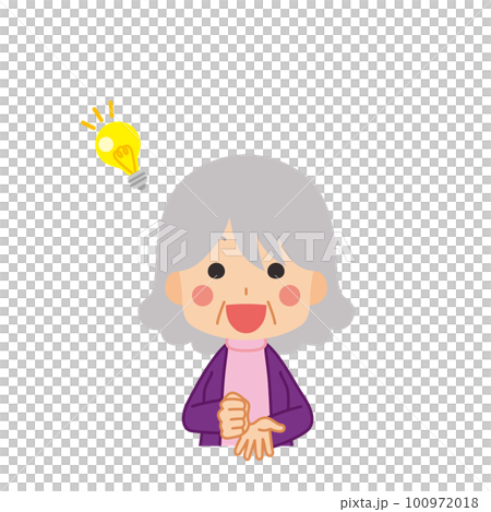 Illustration of a cute senior woman who had an idea, upper body, white background, person, vector 100972018