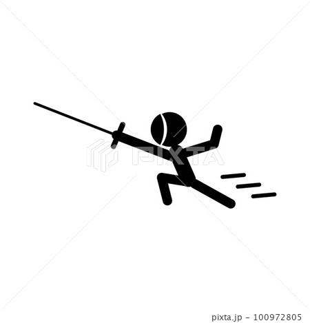 攻撃するフェンシング選手のシルエットアイコン。ベクター。 100972805