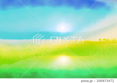 草原と太陽と雲のある風景 草原と太陽と雲のある風景 100973472