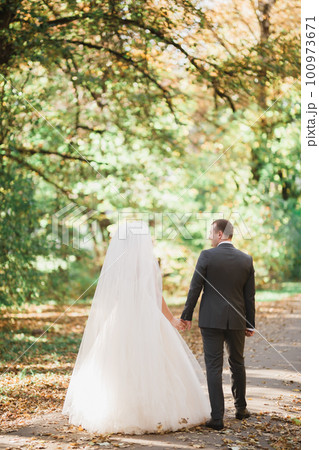 Wedding couple holding hands, groom and bride together on wedding day Wedding couple holding hands, groom and bride together on wedding day 100973671