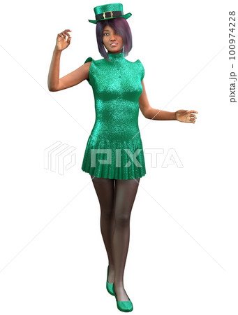3D Afro american girl in green dress 100974228