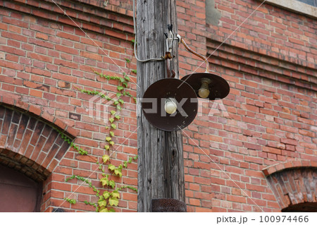 レトロな木製電柱と笠のある裸電球のアーム式外灯 100974466