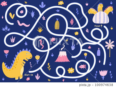 Maze puzzle for kids. Help mommy dinosaur find way to her baby dinos. Activity page 100974638