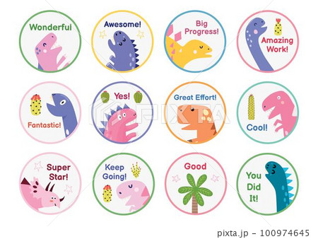Reward stickers collection with cute dinosaurs. Teachers award badges with funny dinos Reward stickers collection with cute dinosaurs. Teachers award badges with funny dinos 100974645
