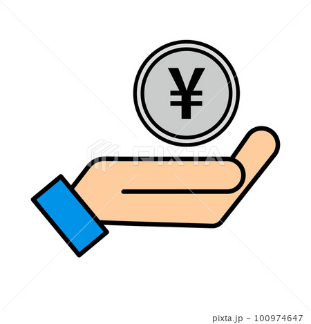 フラットデザインの日本円のコインと手のアイコン。ベクター。 100974647