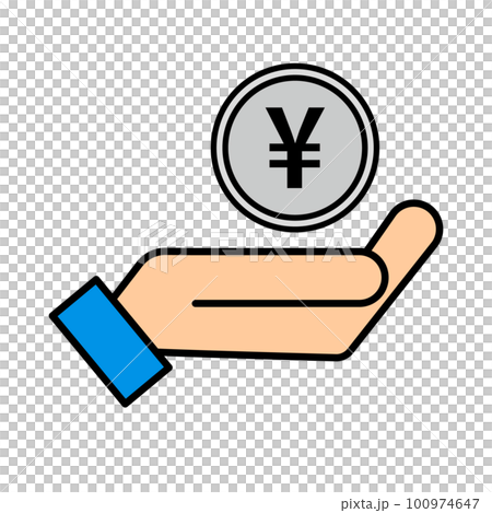 フラットデザインの日本円のコインと手のアイコン。ベクター。 100974647