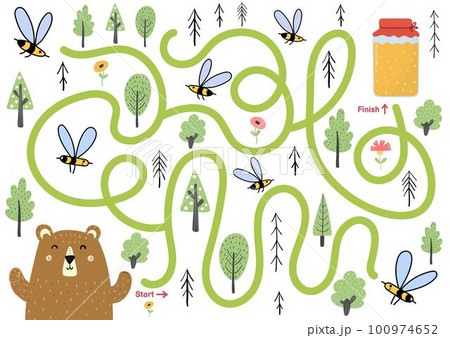 Maze puzzle for kids. Help cute bear find way to honey jar. Activity page 100974652