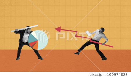 Professional competition. Two employees working their best to reach success with projects. Fighting with graphs. Contemporary art collage. Professional competition. Two employees working their best to reach success with projects. Fighting with graphs. Contemporary art collage. 100974823