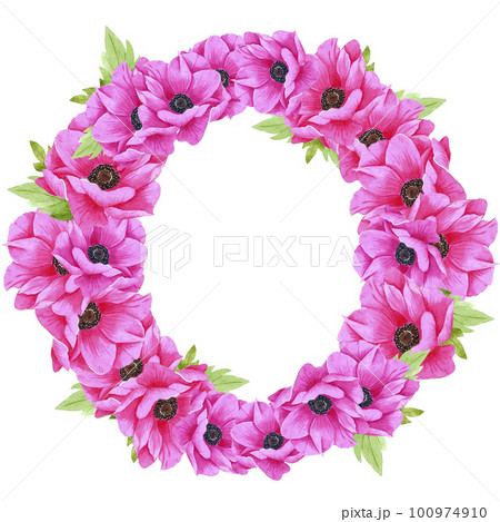 Hand drawn watercolor pink anemone flower frame with green leaves. Isolated on white background. Scrapbook, post card, banner, lable. 100974910
