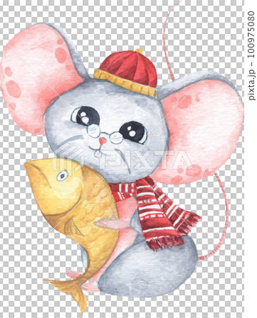 Little mouse holding a fish, Chinese New Year of the Rat. Watercolor illustration. 100975080