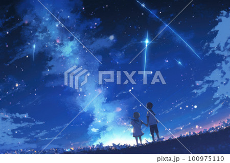 満天の星空と天の川を見上げる2人の人影 満天の星空と天の川を見上げる2人の人影 100975110