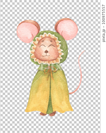 Little mouse in green cloak with hood. Watercolor hand draw illustration. Little mouse in green cloak with hood. Watercolor hand draw illustration. 100975557