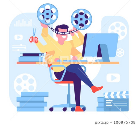 Video editor. Process of film editing. Filmmakers work. Man cutting movie tape. Cinematography producer and director. Male redacting filmstrip. Computer monitor on table. Vector concept Video editor. Process of film editing. Filmmakers work. Man cutting movie tape. Cinematography producer and director. Male redacting filmstrip. Computer monitor on table. Vector concept 100975709
